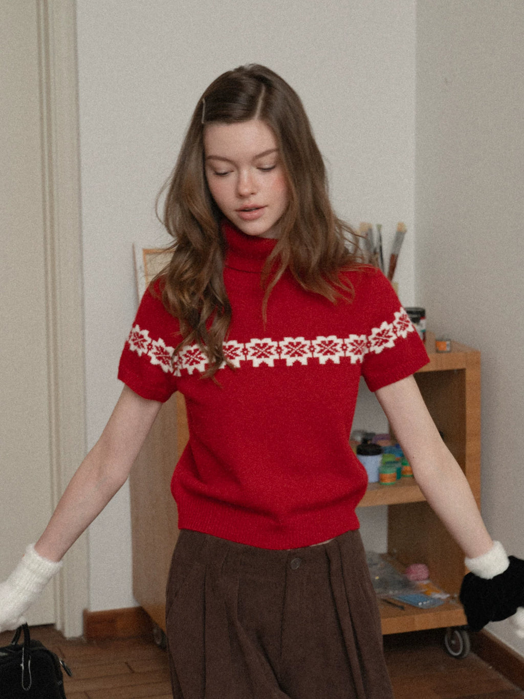 EGGKA crew neck jacquard cardigan + turtleneck short-sleeved knitted sweater
