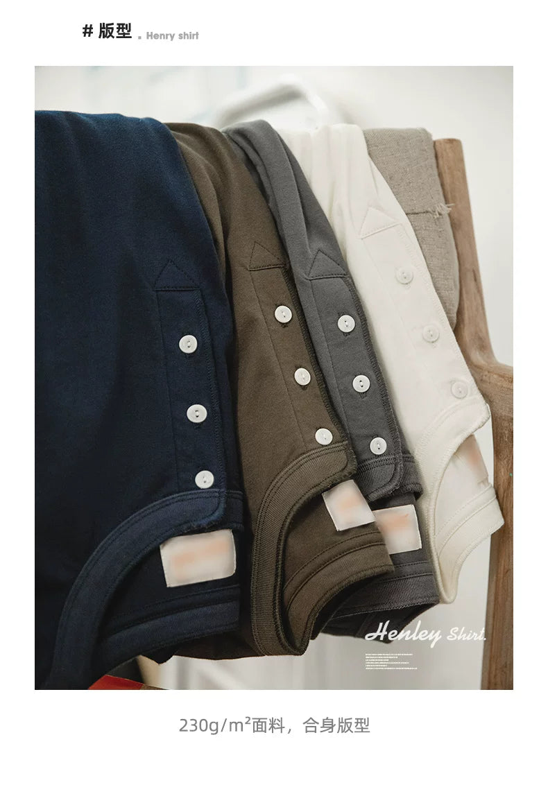 Madden heavy Henry collar short-sleeved pure cotton old money Ami Kaji T-shirt Henry shirt men's
