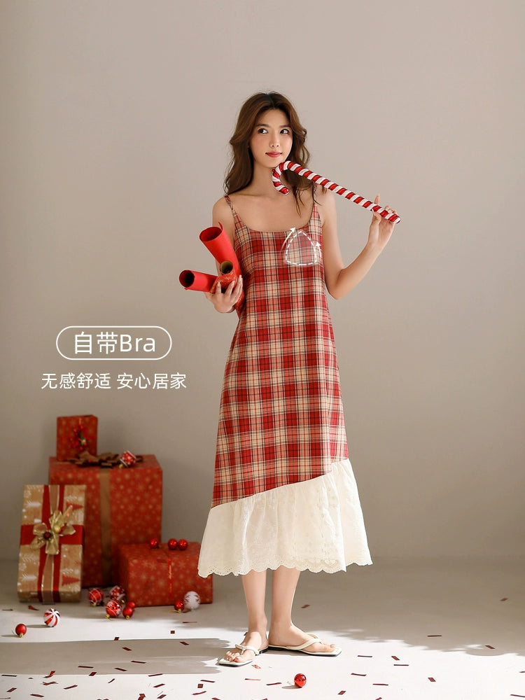 Yuenei Casual Plaid Nightdress with Chest Pad