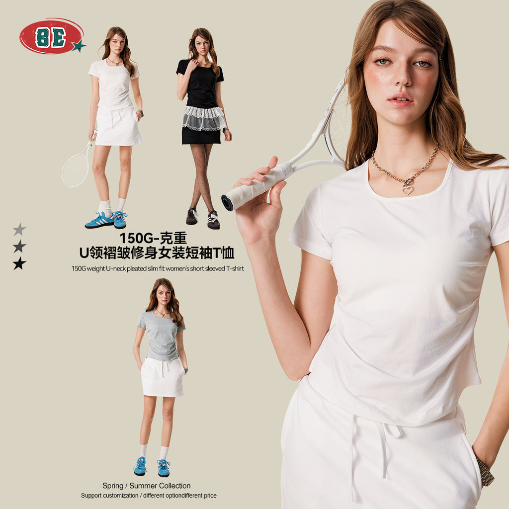 BE women's  Solid Color Square Neck Short Sleeve Waist Slimming Top
