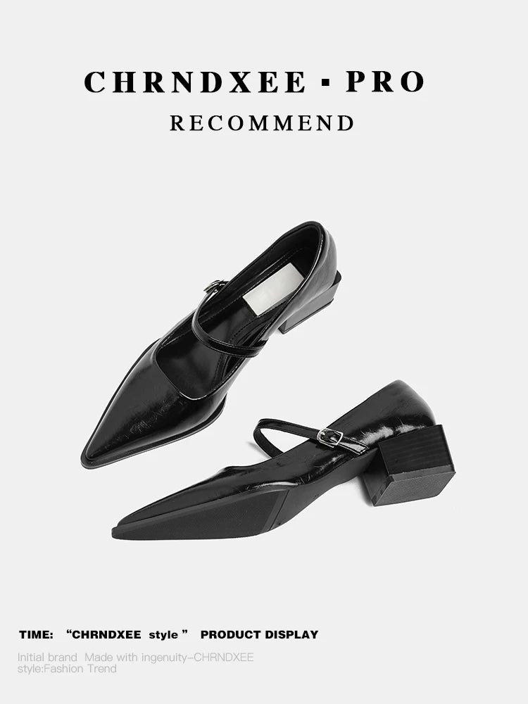 CHRNDXEE Vintage Pointed-toe Soft Leather Chunky Heel Shoes