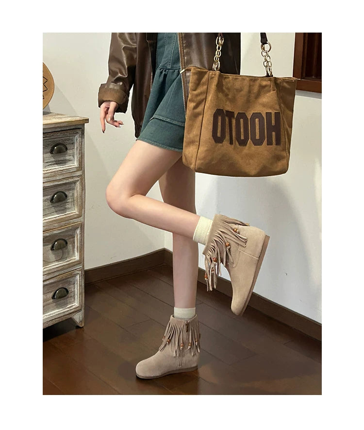 CHRNDXEE Frosted Suede Side Zipper Fringed Flat Boots