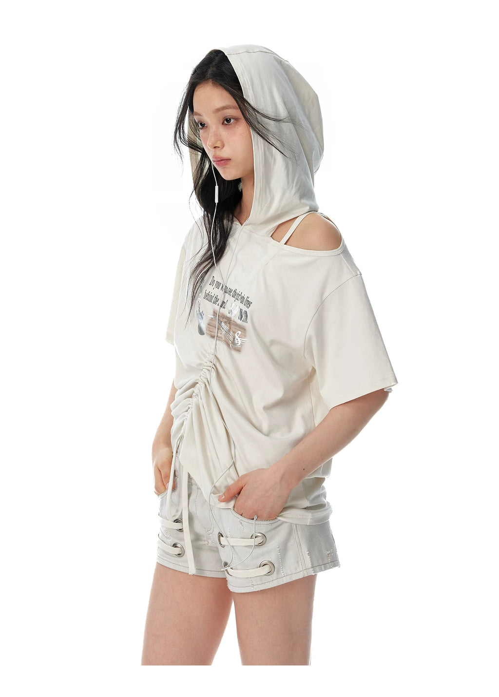 JIKOO Slanted Shoulder Hooded Loose Tee