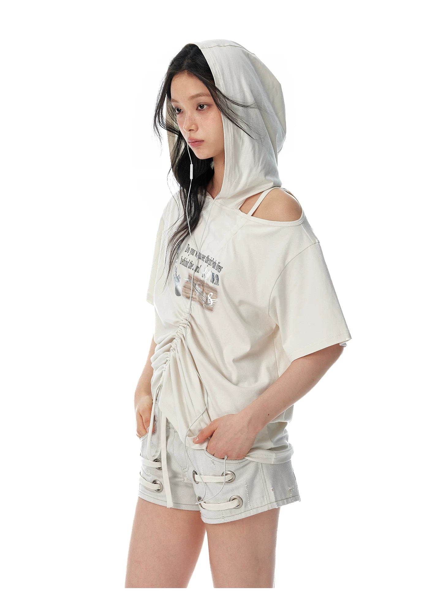 JIKOO Slanted Shoulder Hooded Loose Tee