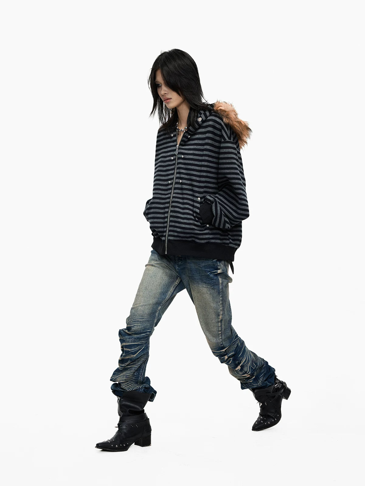 Lightinus Black and Grey Striped Fur Collar Hooded Zip Jacket