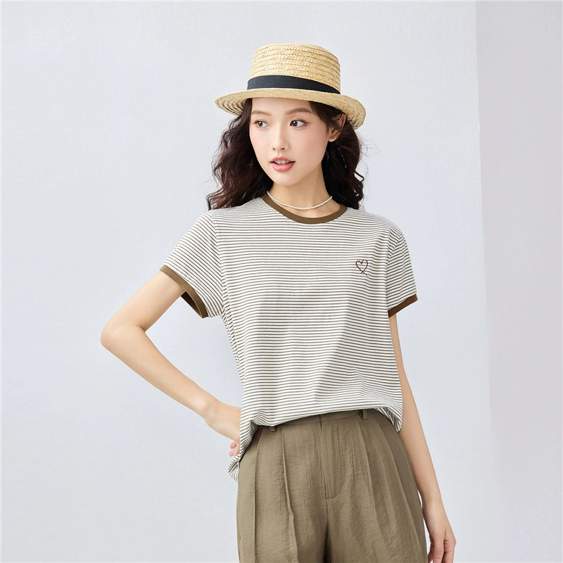 Giordano Nautical Heart Embroidery Striped Crew Neck Tee