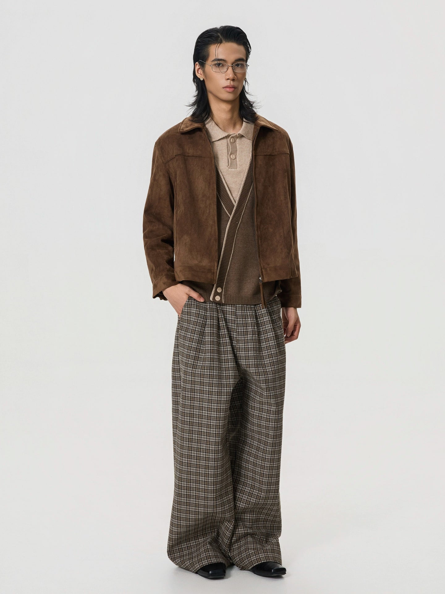 BTSG Slack Checkered Three-dimensional Wide Leg Pants