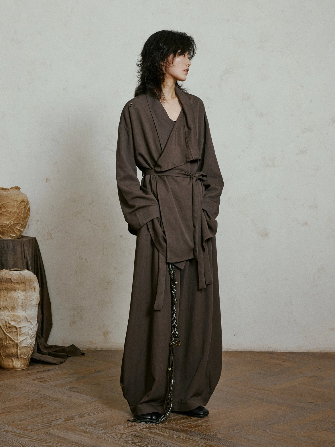 SUNYVONNE Diagonal Placket One-neck Shirt Zen Waist Lace-up Top