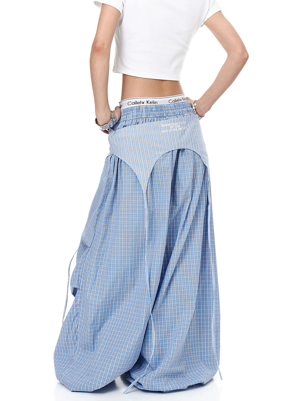Mershier Retro Lazy Wind Fart Curtain Stacked Plaid Wide-leg Pants