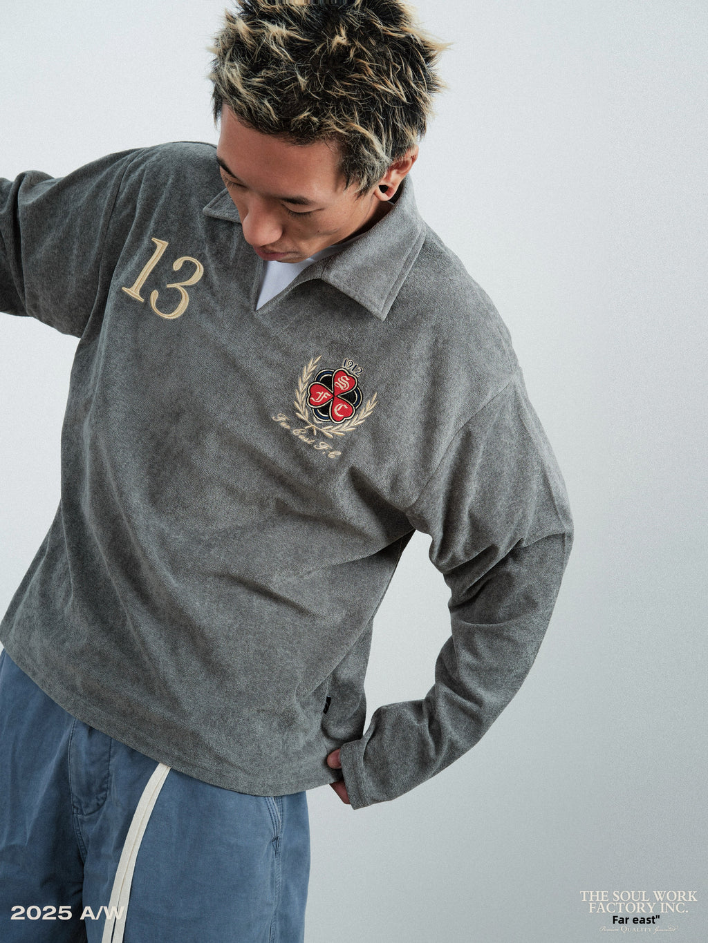 SWFI Towel Fleece Emblem Lazy Open Neck POLO Shirt Long Sleeve