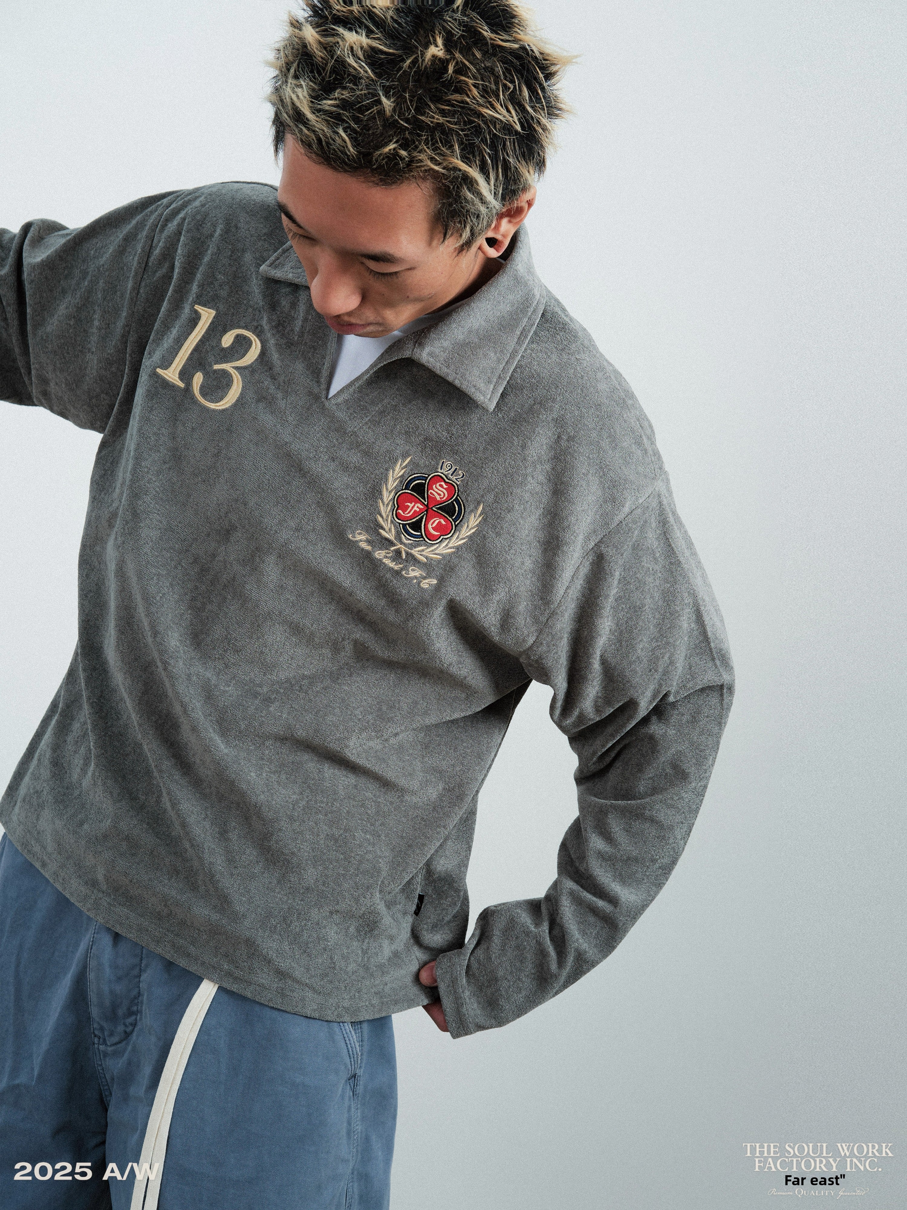 SWFI Towel Fleece Emblem Lazy Open Neck POLO Shirt Long Sleeve