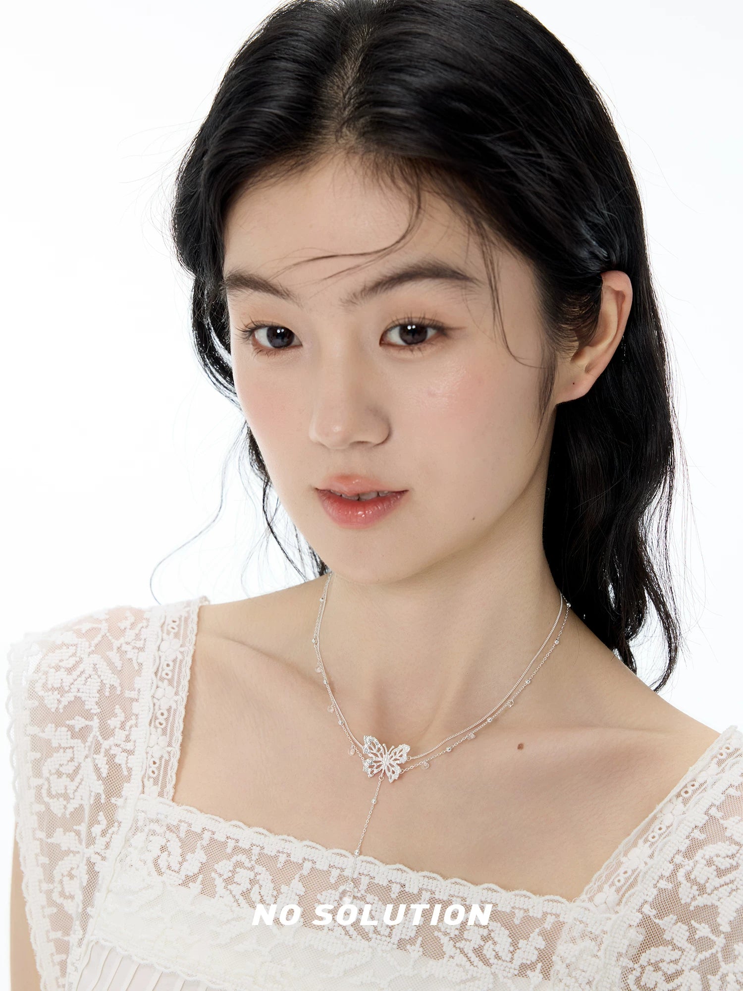 NO SOLUTION Lace Butterfly Tassel Crystal Necklace