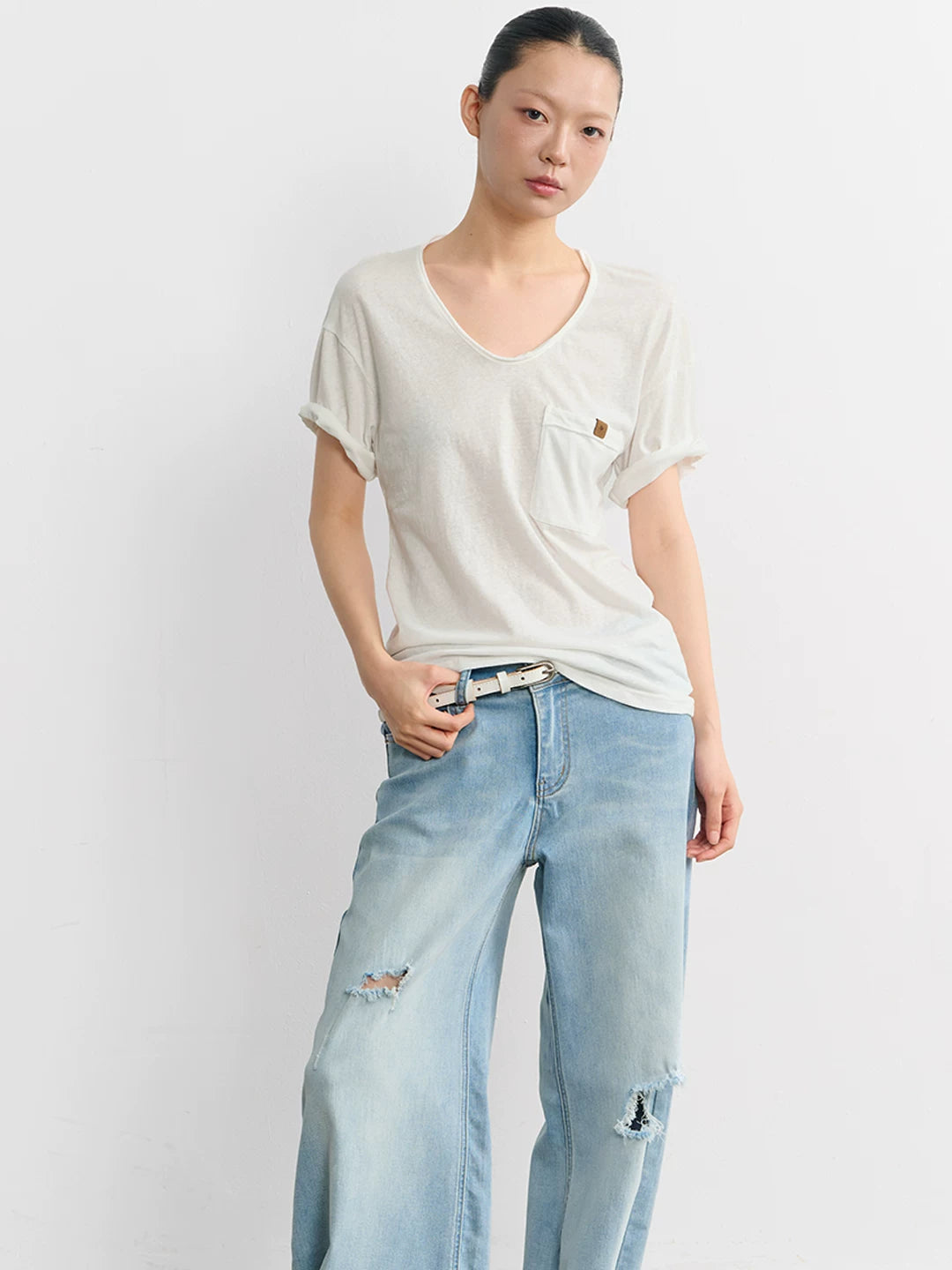 LINY LIBERTY Vintage V-neck Slack Hemming Casual Tee