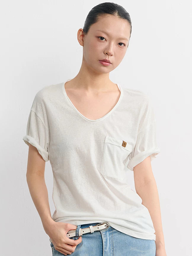 LINY LIBERTY Vintage V-neck Slack Hemming Casual Tee