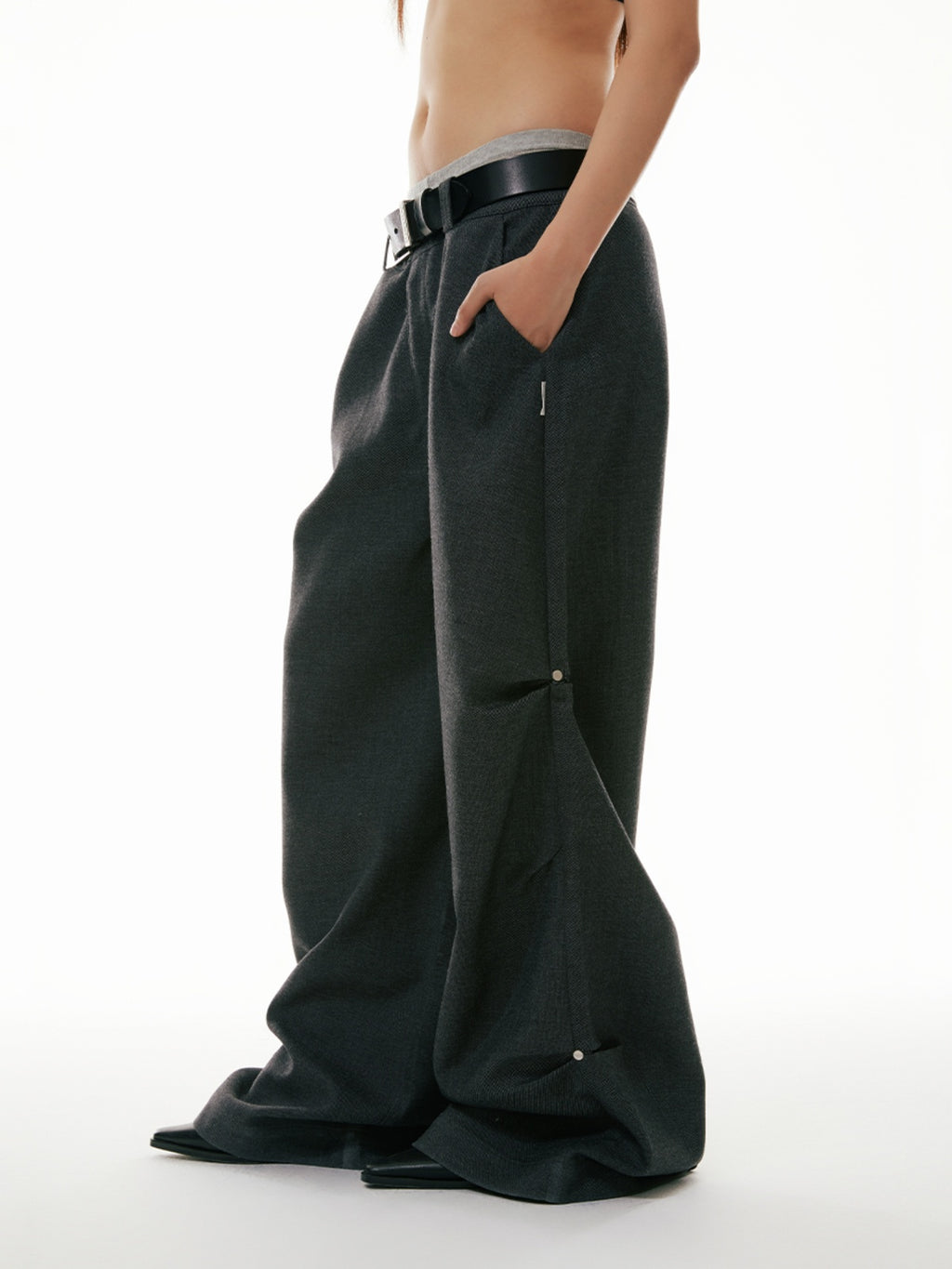 FUNKYFUN Stud Three-dimensional Pleated Dark Striped Straight Pants