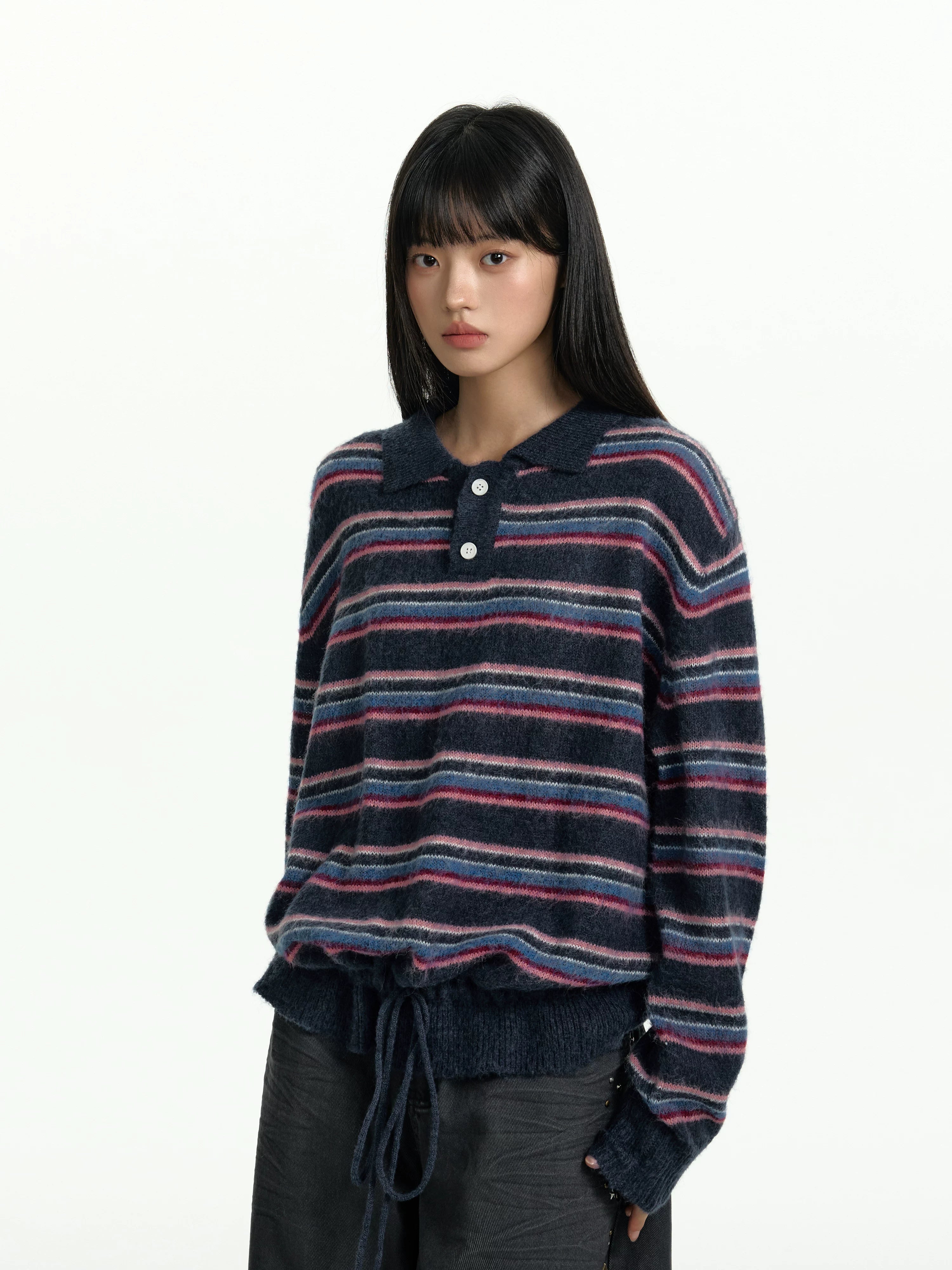 TGNS POLO Neck Drawstring Waist Striped Knitted Sweater