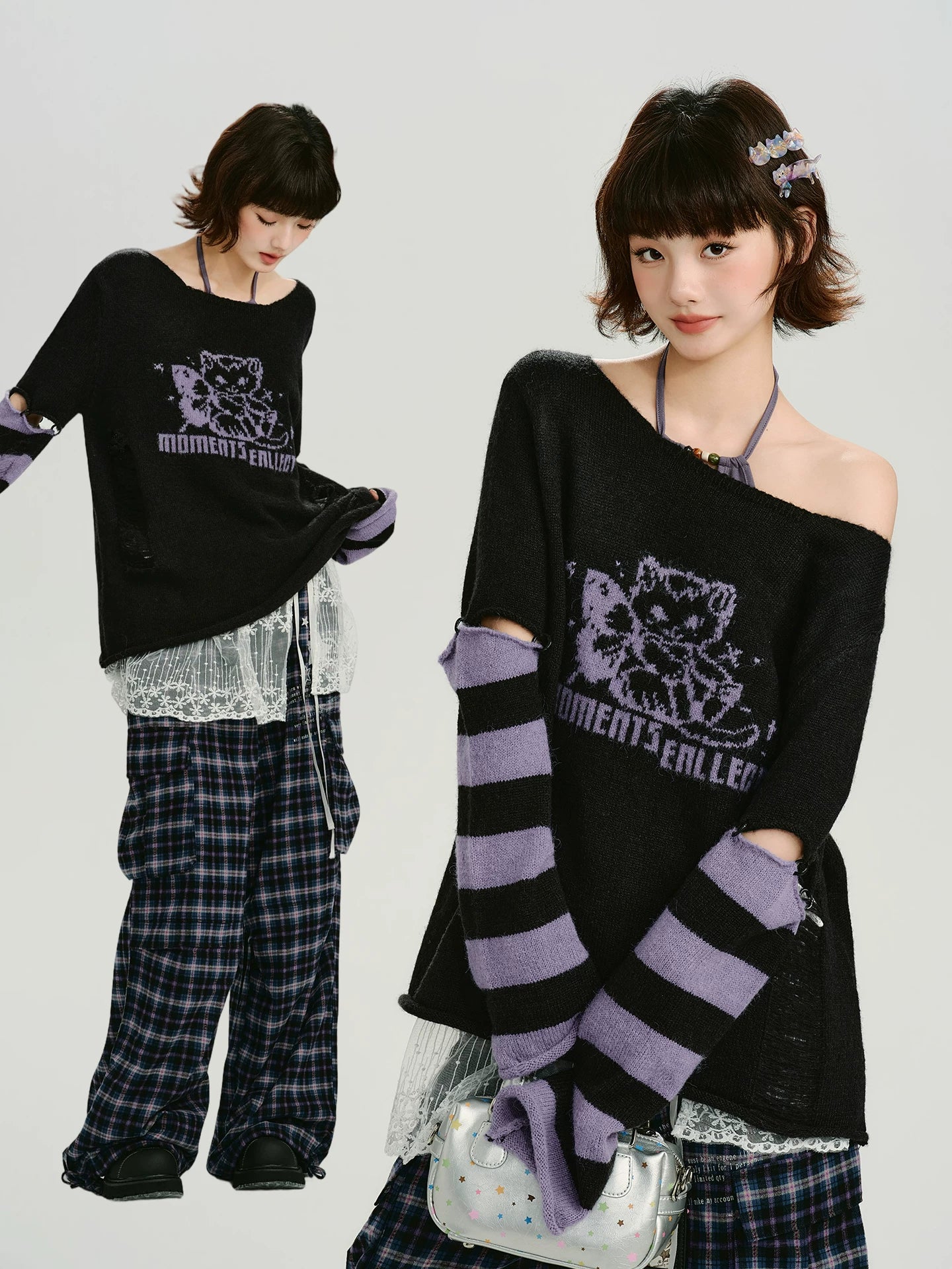 Girlyhalo Vintage Striped Fake Two Off-Shoulder Thin Long Sleeves