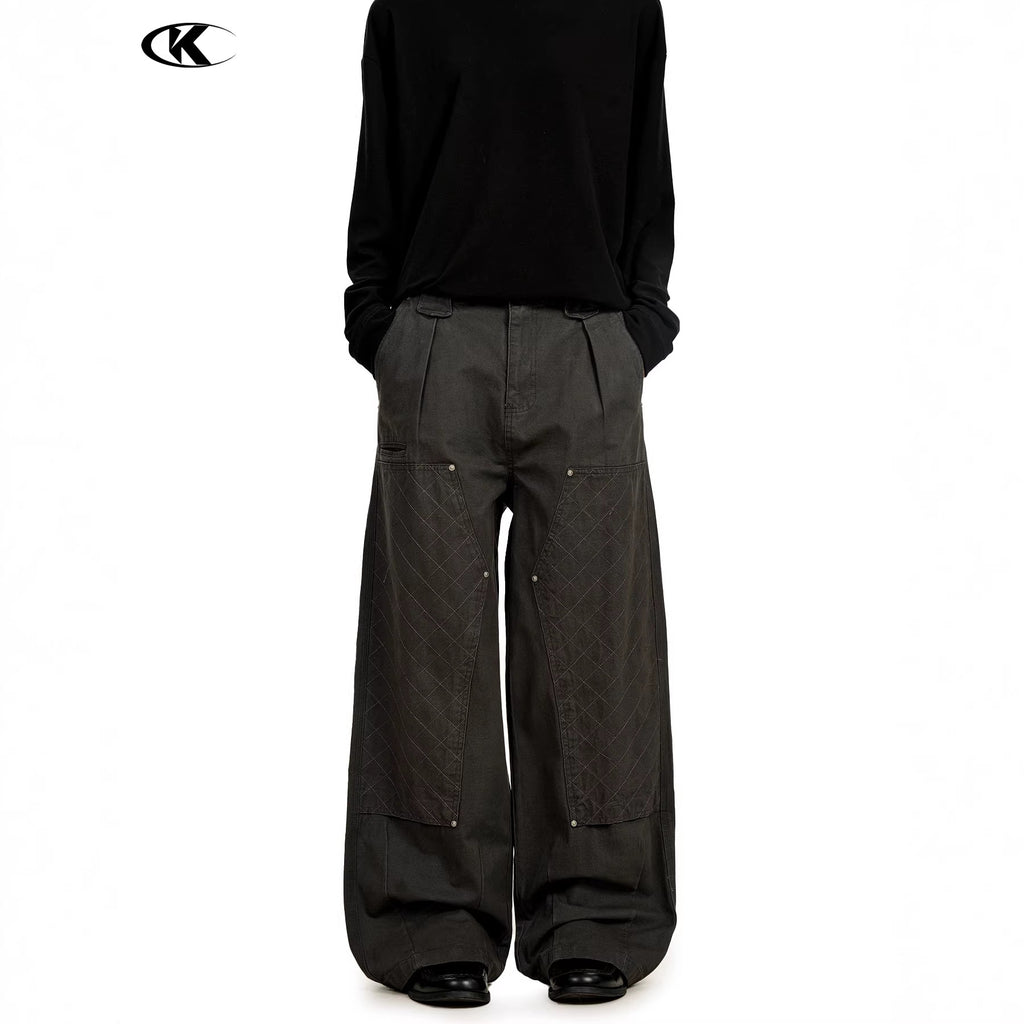 11KN Retro Straight Rivet Spliced Pleated Casual Pants