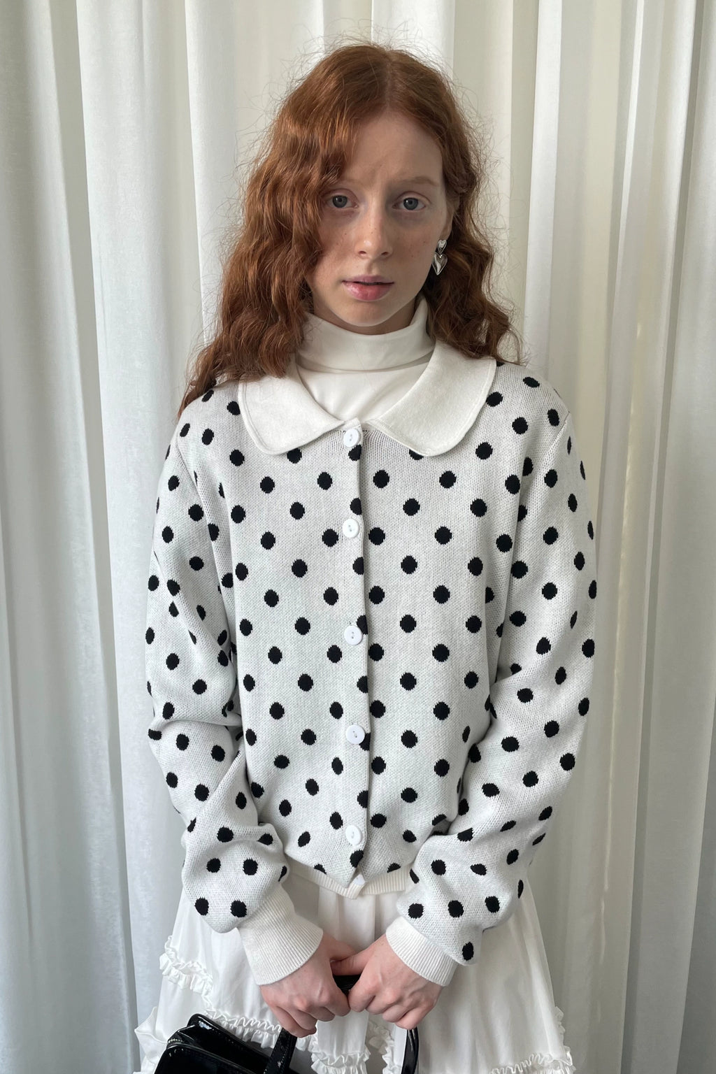 Loosesmell Polka Dot Doll Collar Long Sleeve Knitted Cardigan