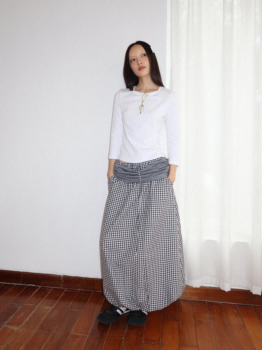 FUNKYFUN Splicing Pleated Plaid Pendulum Middle Skirt Bud Skirt