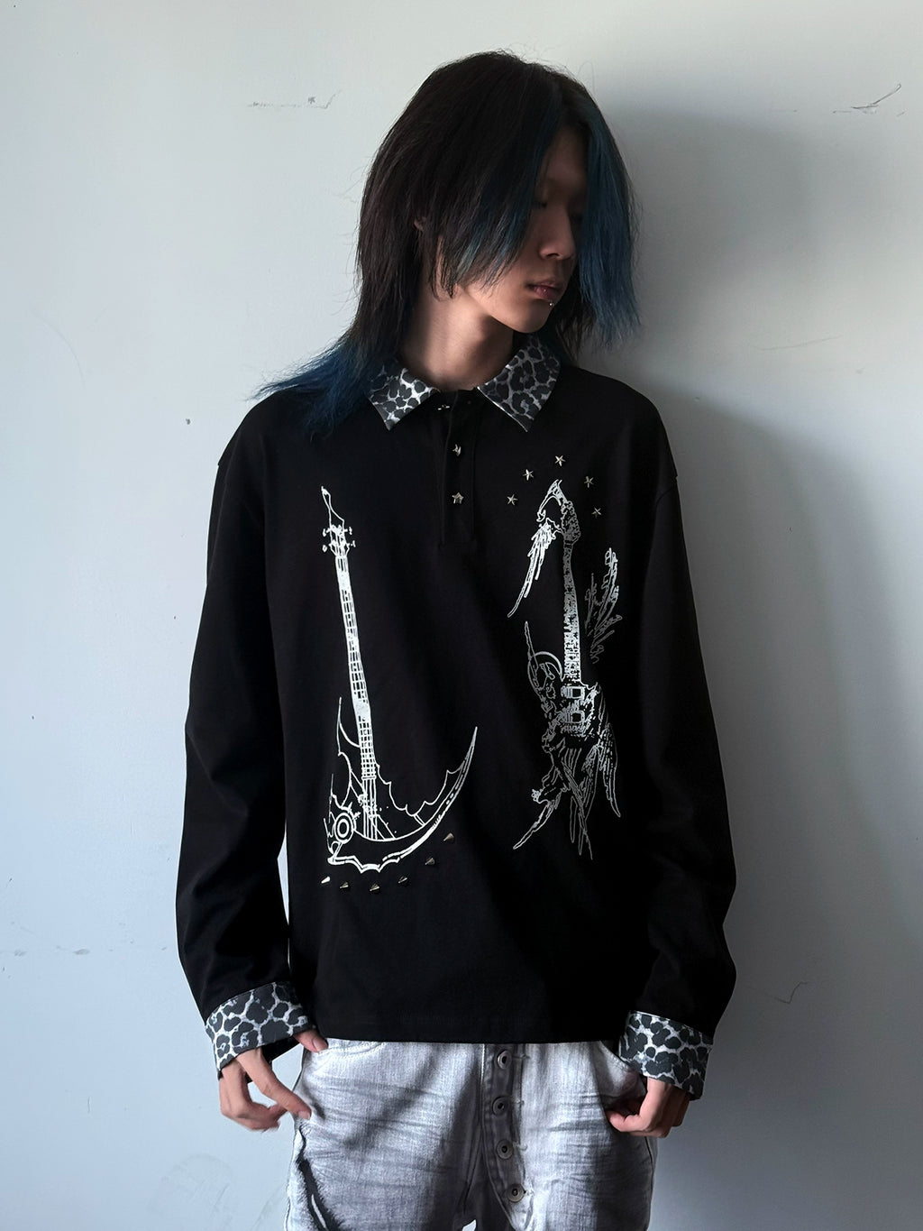 PAIKI Leopard Print Spliced Lapel Polo Shirt