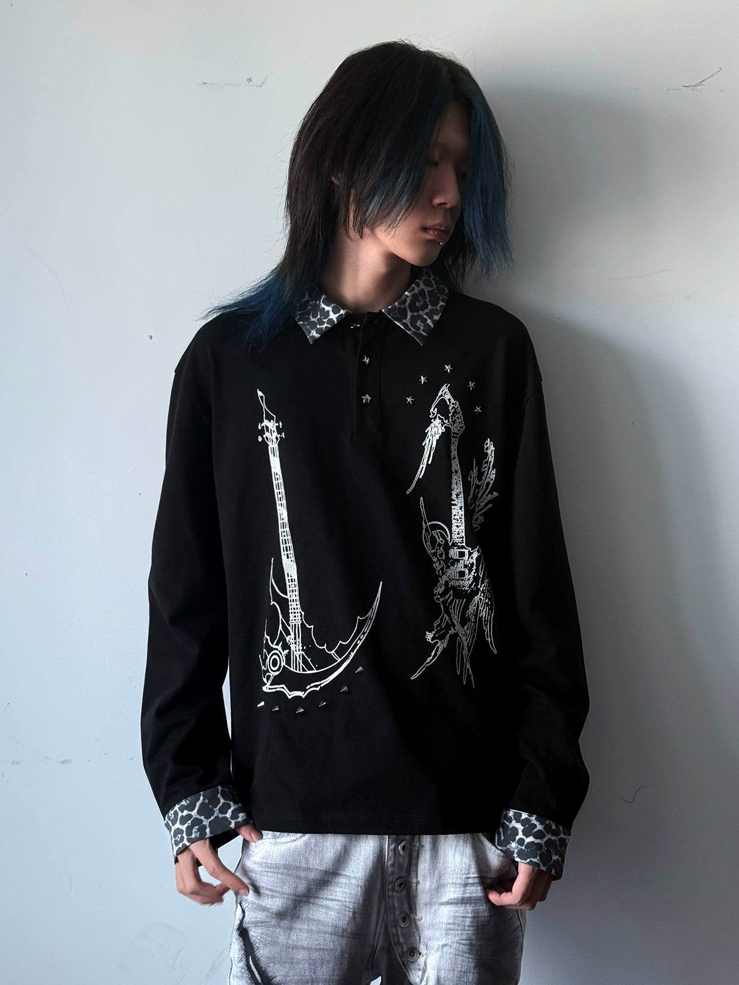 PAIKI Leopard Print Spliced Lapel Polo Shirt