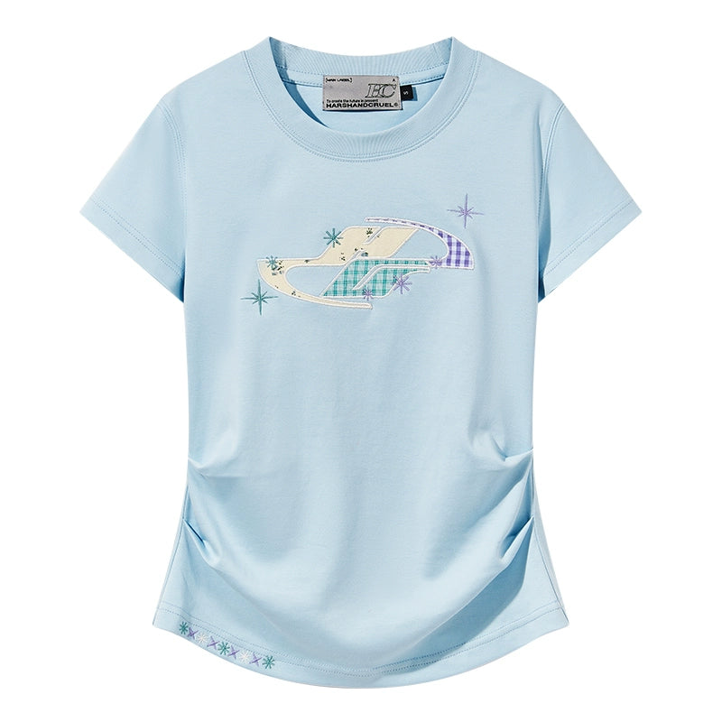 HACR Childlike Floral Applique Embroidered Pleated Slim Tee