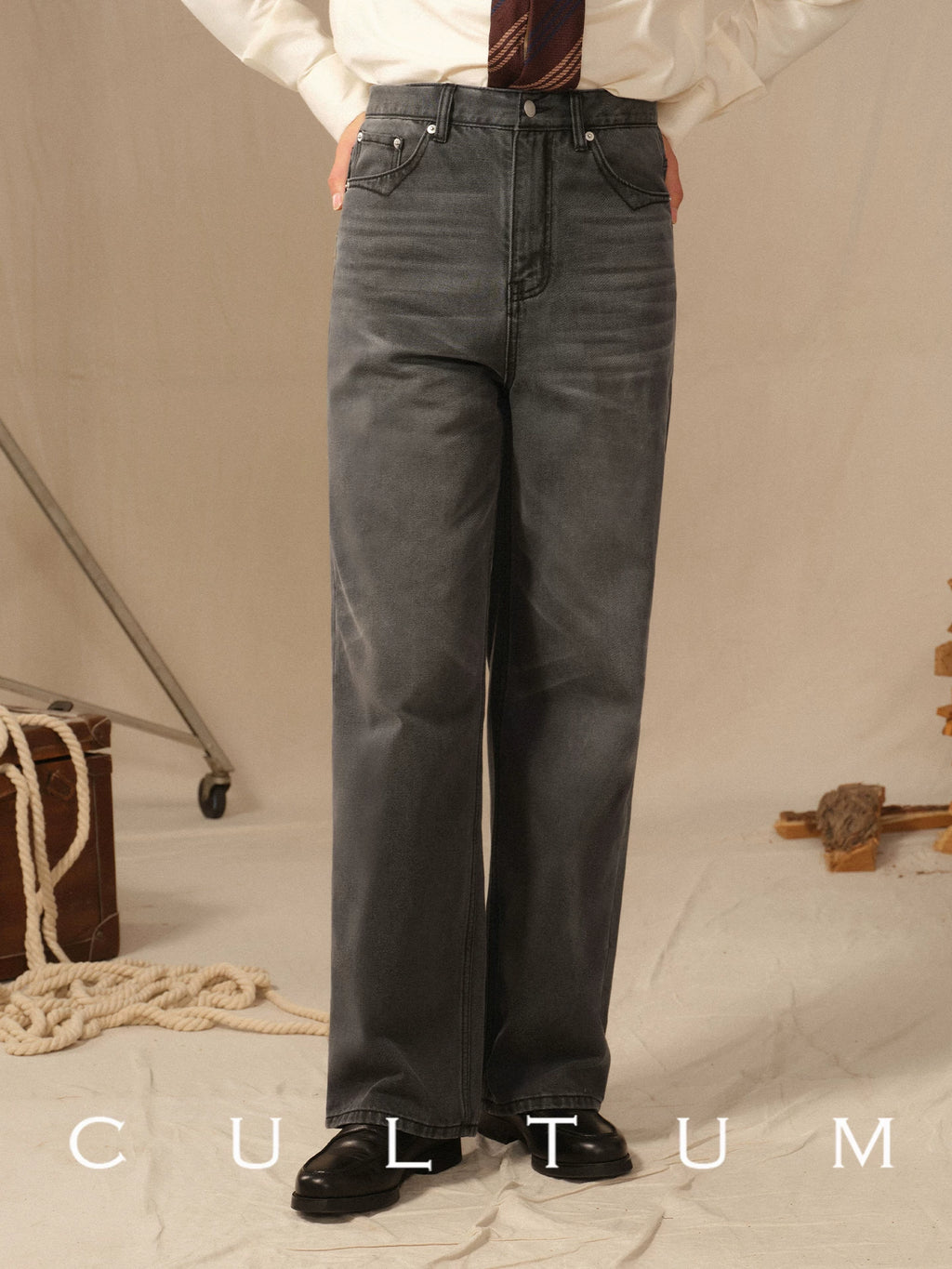 CULTUM Vintage Denim High Waist Wide Leg Straight Casual Pants
