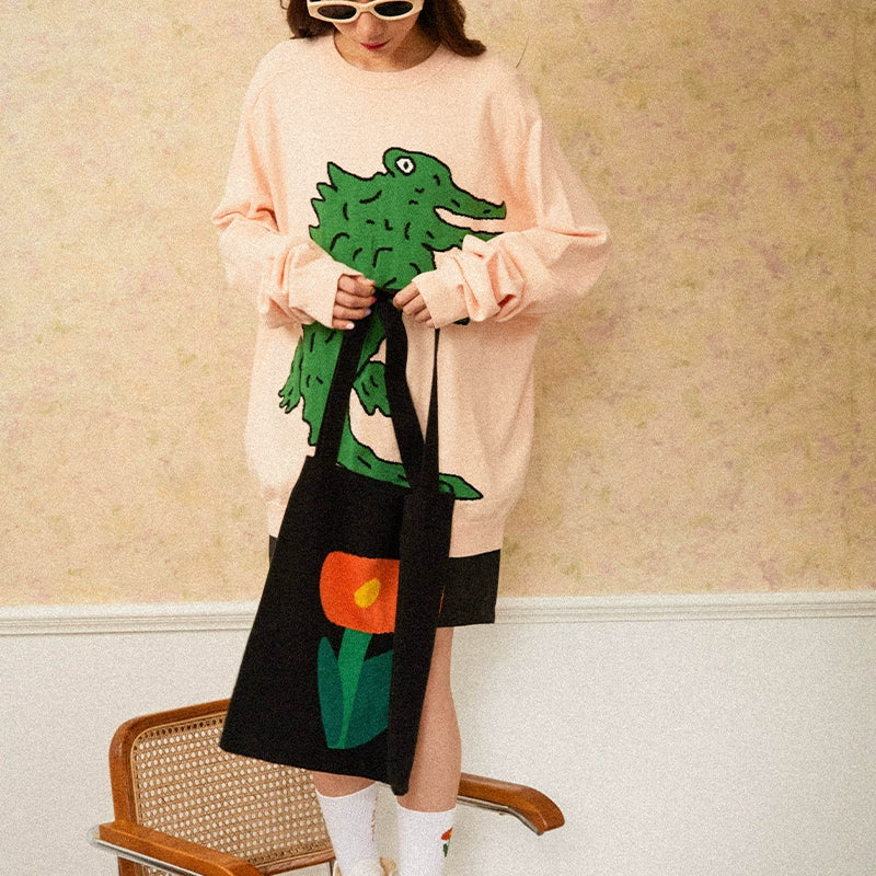 MoodLikeMe Small Flower Knitted Tote Bag