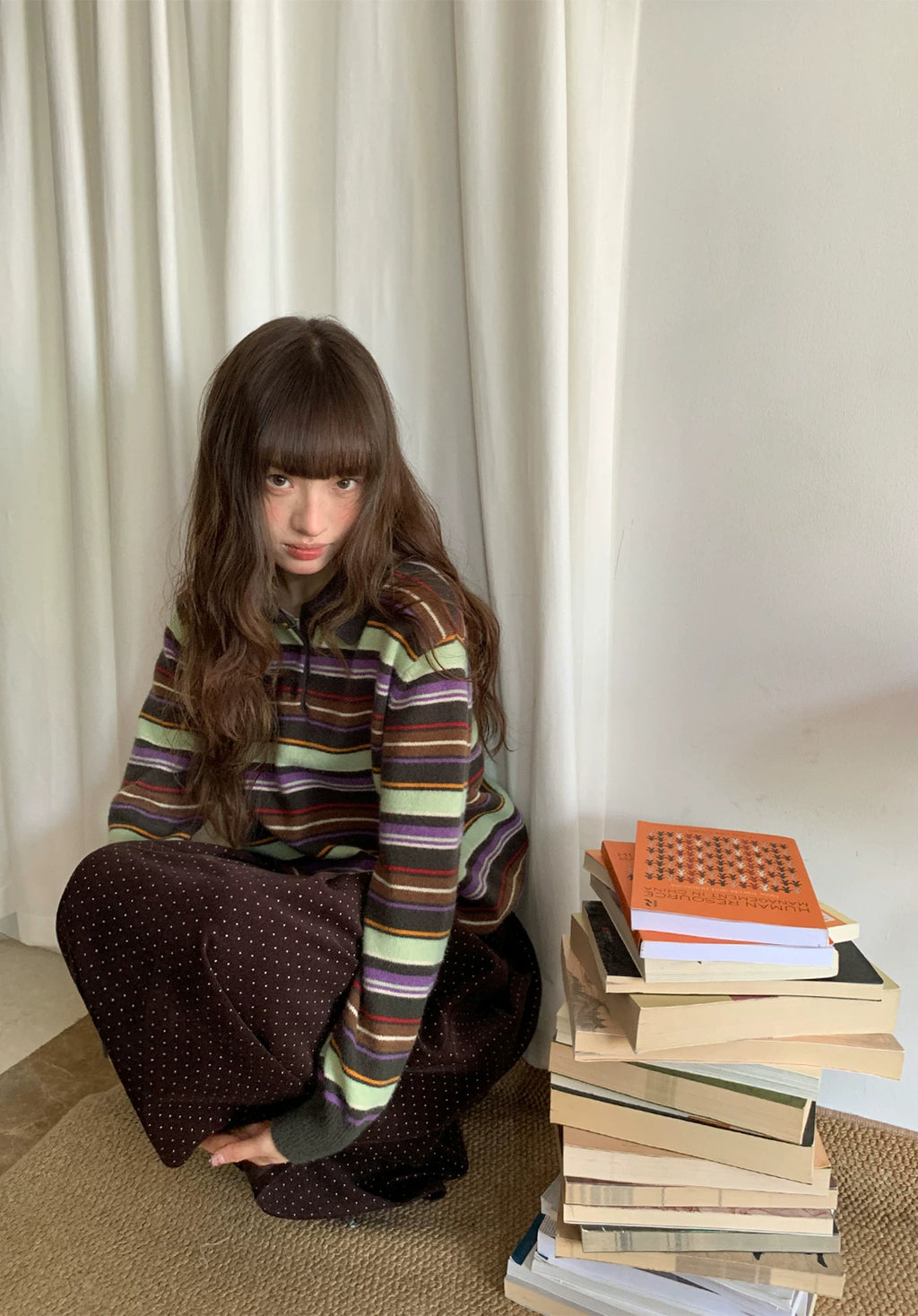 KANO Striped POLO Neck Long Sleeve Knit