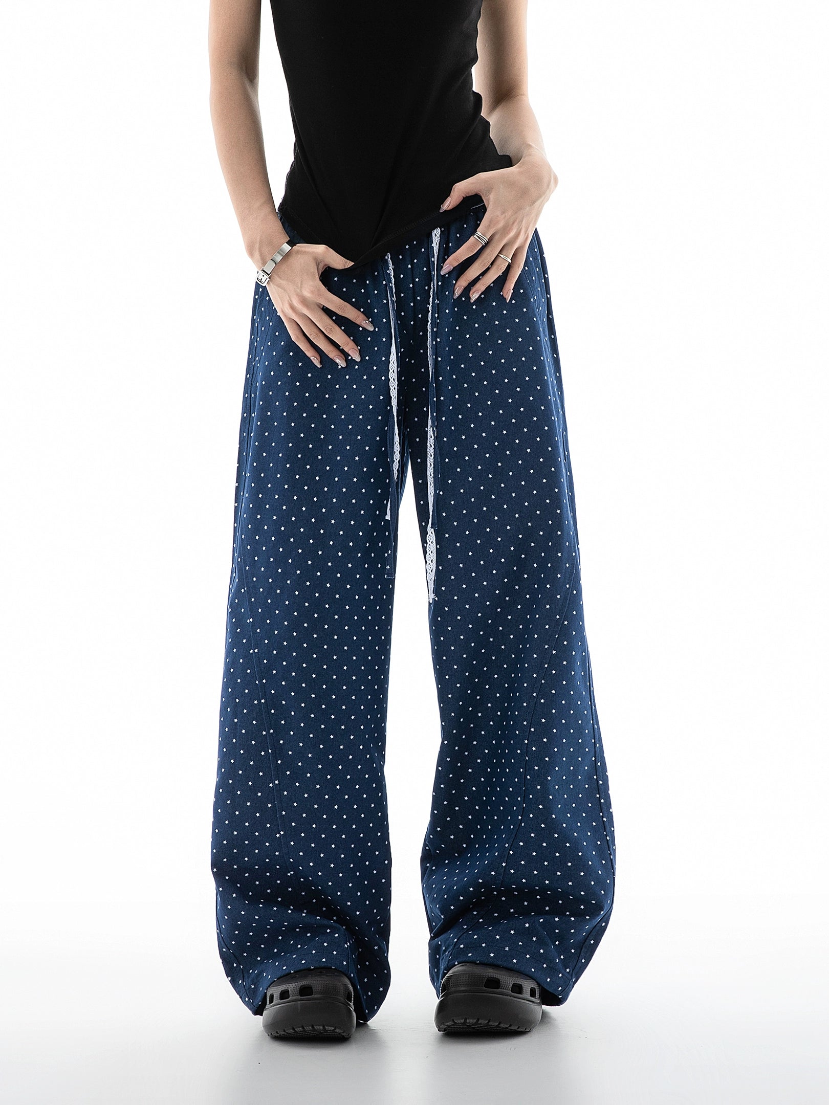ICH MODE Vintage Star Straight Elastic Waist Wide Leg Pants