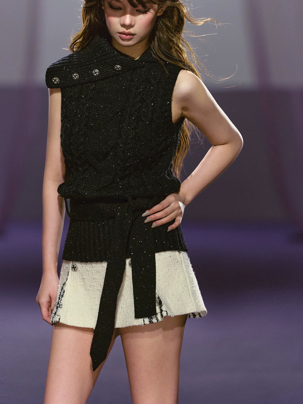 AGAM Vintage Lapel Plaid Sequin Fine Glitter Wool Vest