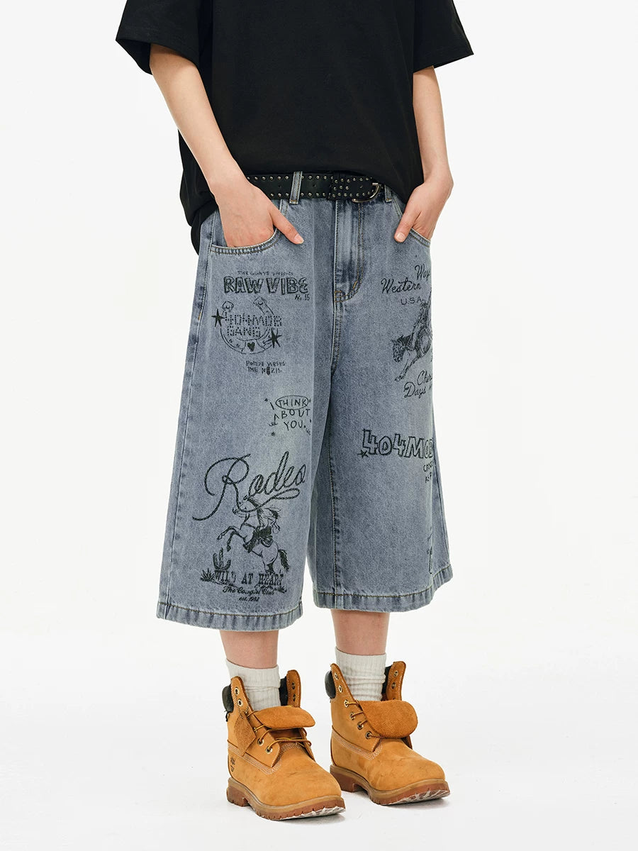 404MOB Loose Straight Wide-Leg Seven-Point Jeans