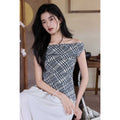 TYANG Retro Plaid Shoulder Top