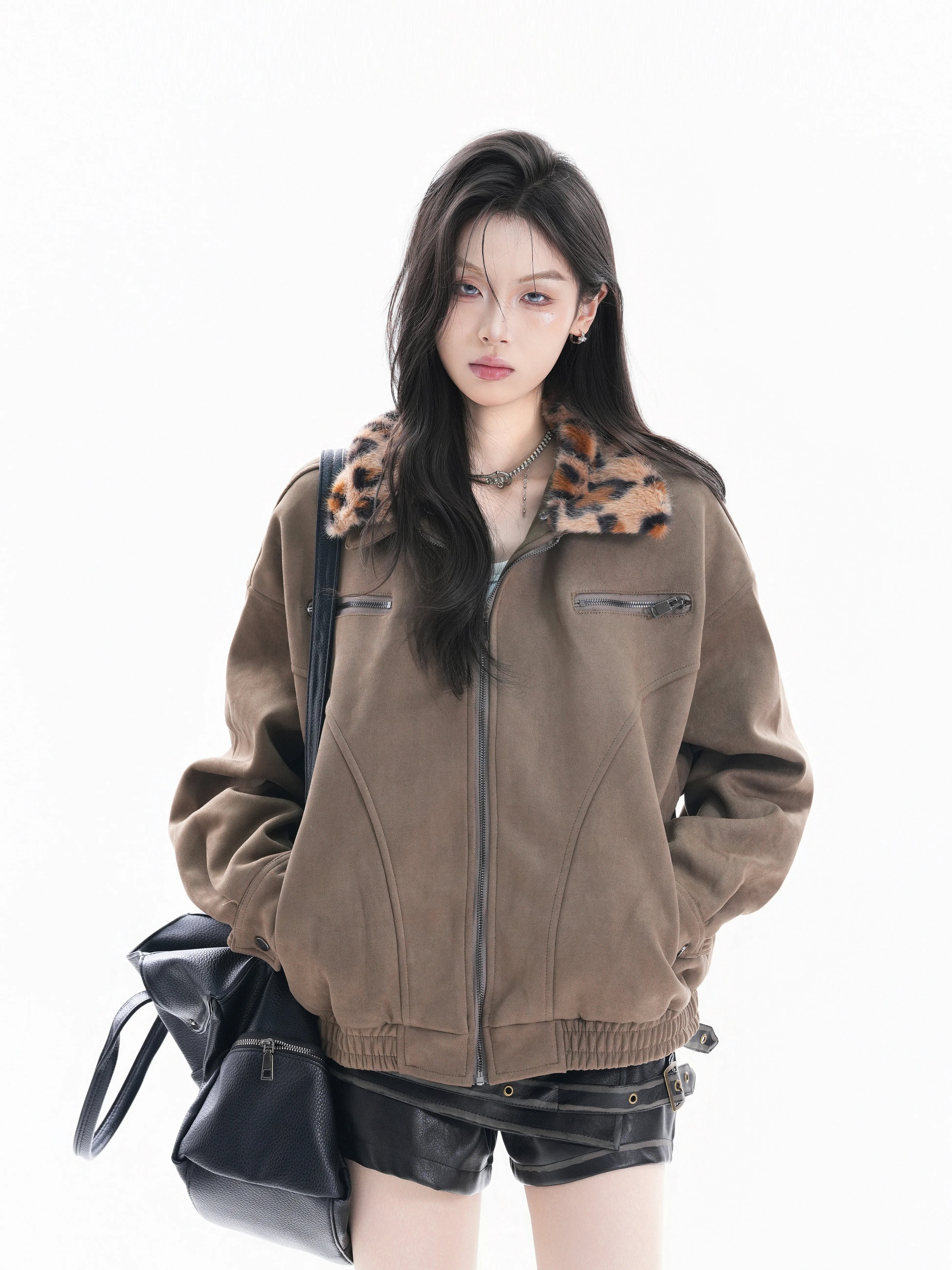 Zuocisankon Vintage Short Detachable Leopard Collar Jacket