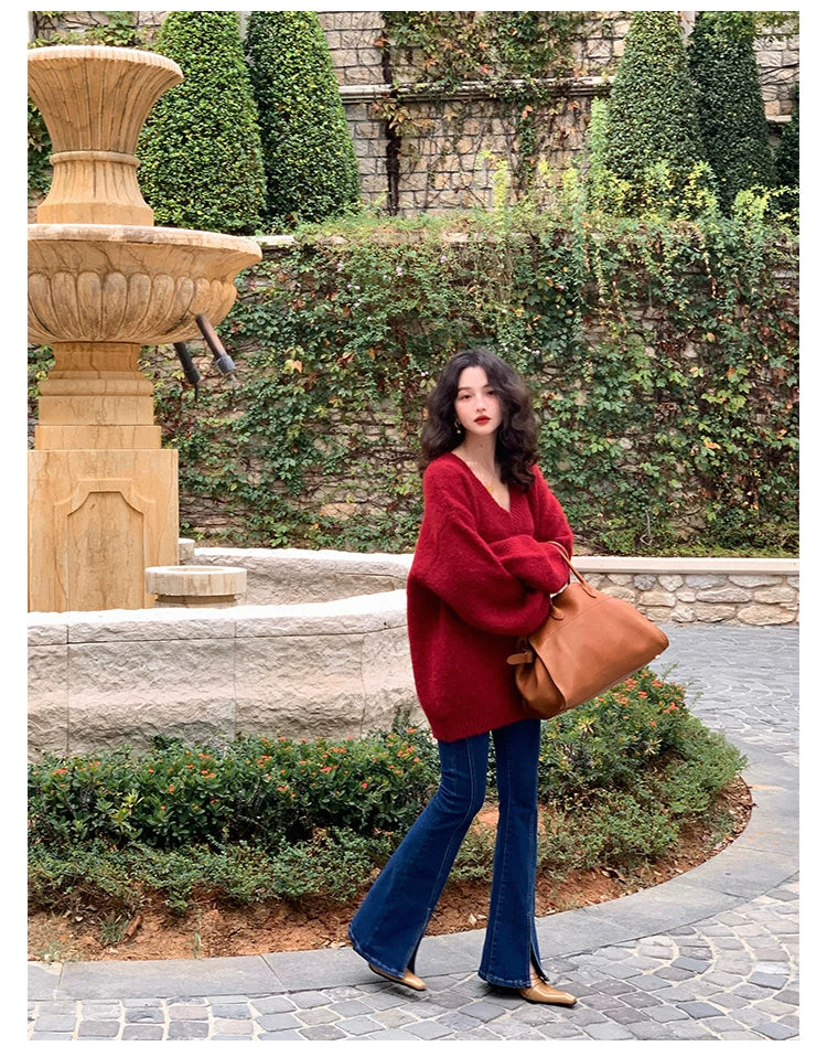 KELIFAN Lazy V-neck Sweater High Waist Micro-pull Jeans Set