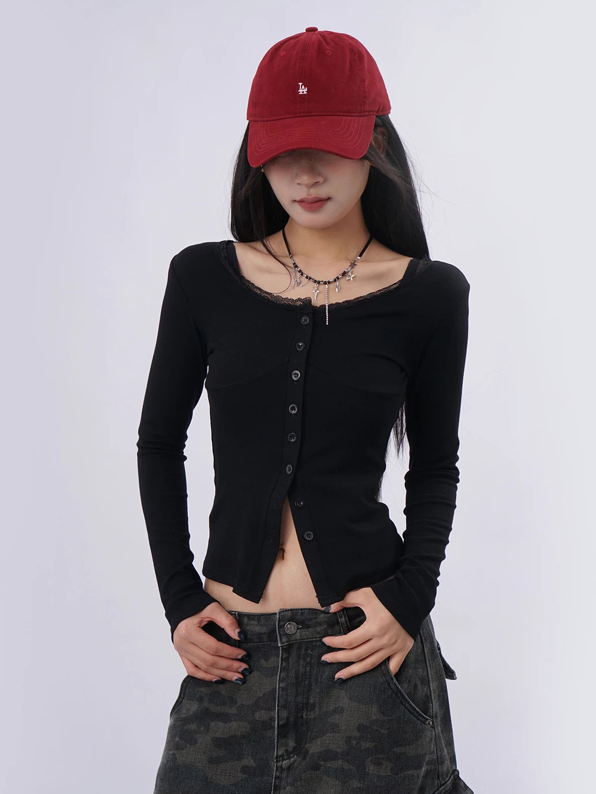 SAMUSAN Lace Stitching Slim Slim Long Sleeves