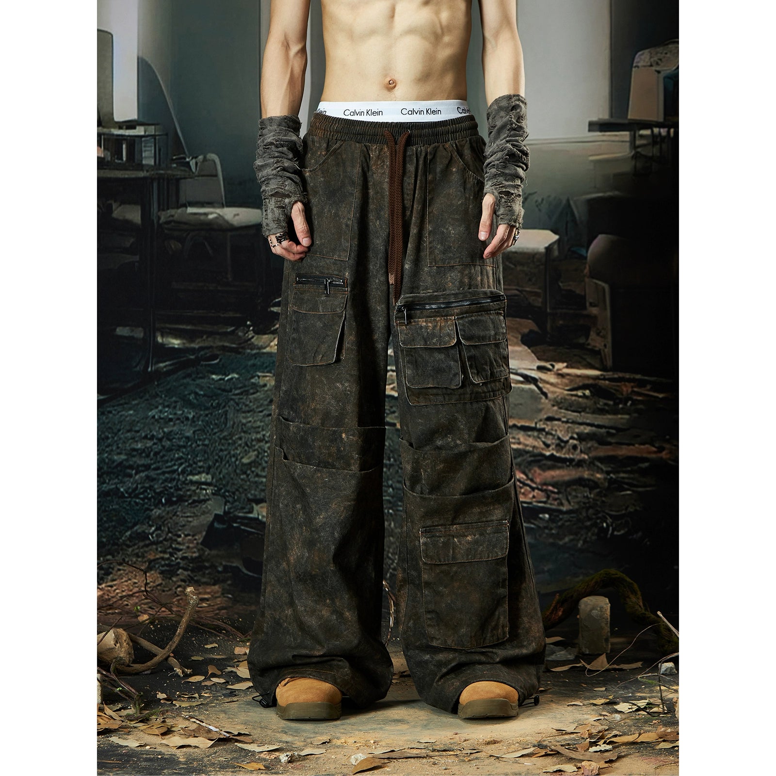 NOMANIAI Dirty Dye Washing Water Multi-pocket Tooling Loose Straight-leg Pants