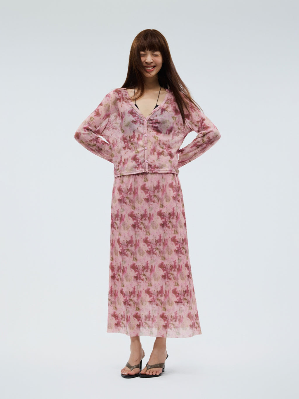FUNKYFUN Floral Pleated Texture V-neck Cardigan Short Jacket