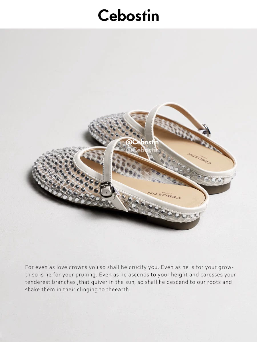Cebostin One-word Buckle Bright Diamond Niche Hollow Half Slippers