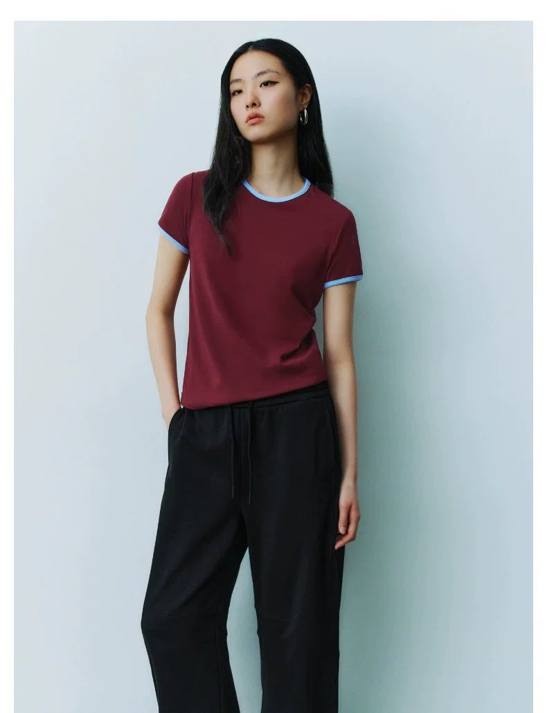 URBAN REVIVO Casual Contrasting Lines Crew Neck Short Sleeve T-Shirt