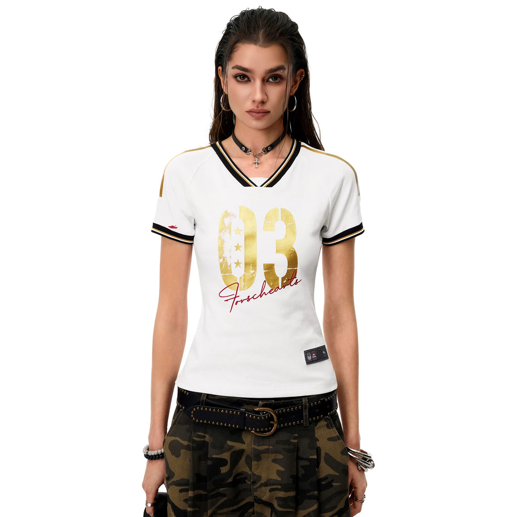 0123Start Contrasting Color V-neck Slim Striped Tee
