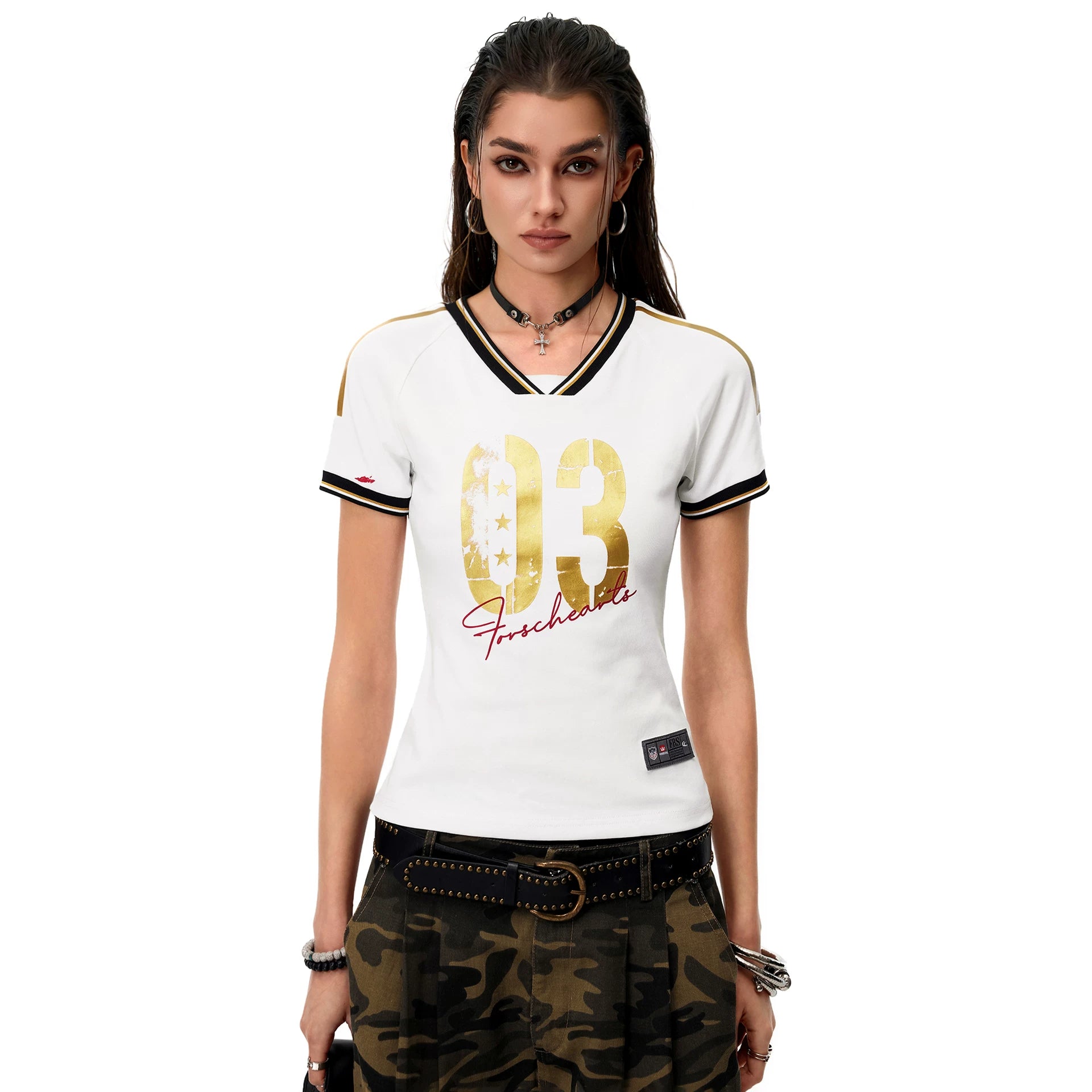 0123Start Contrasting Color V-neck Slim Striped Tee