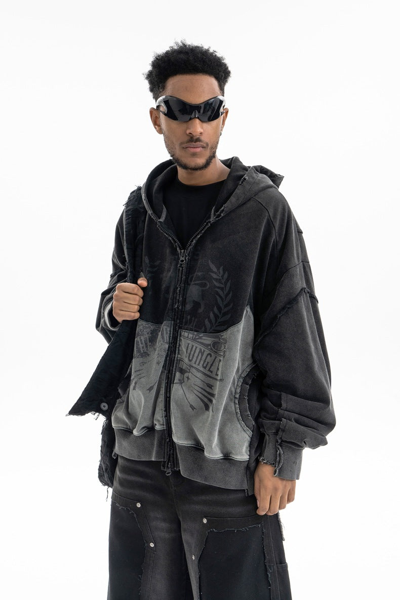 SUPER WAY Vintage Stitching Digital Print Hooded Sweater