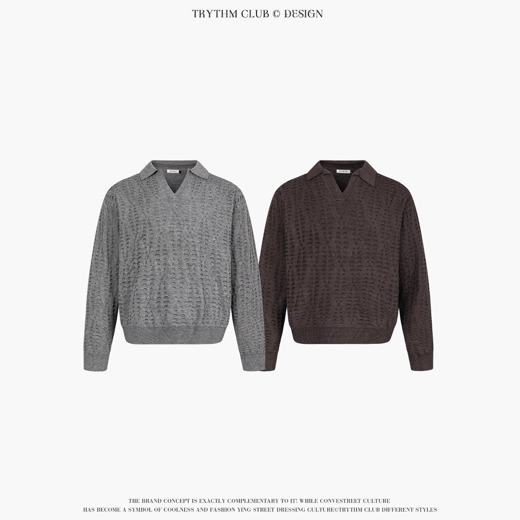TRYTHMCLUB V-neck Lapel Ripped-knit Sweater