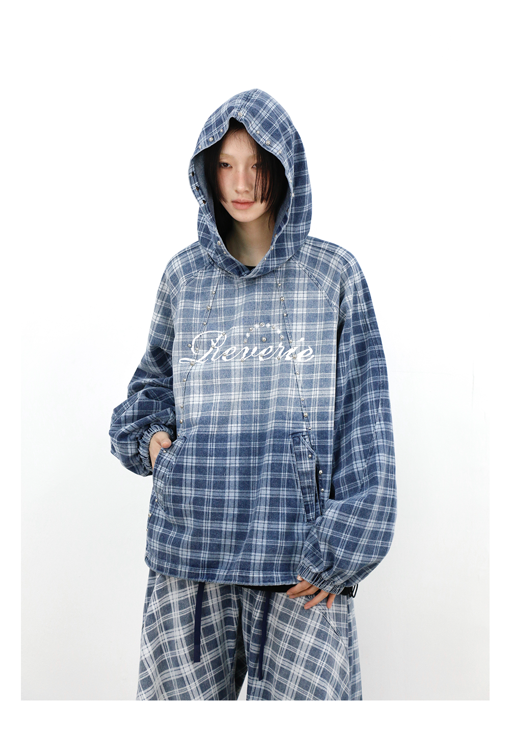 RELABEL Bump Studs Gradual Change Plaid Hooded Denim Sweater