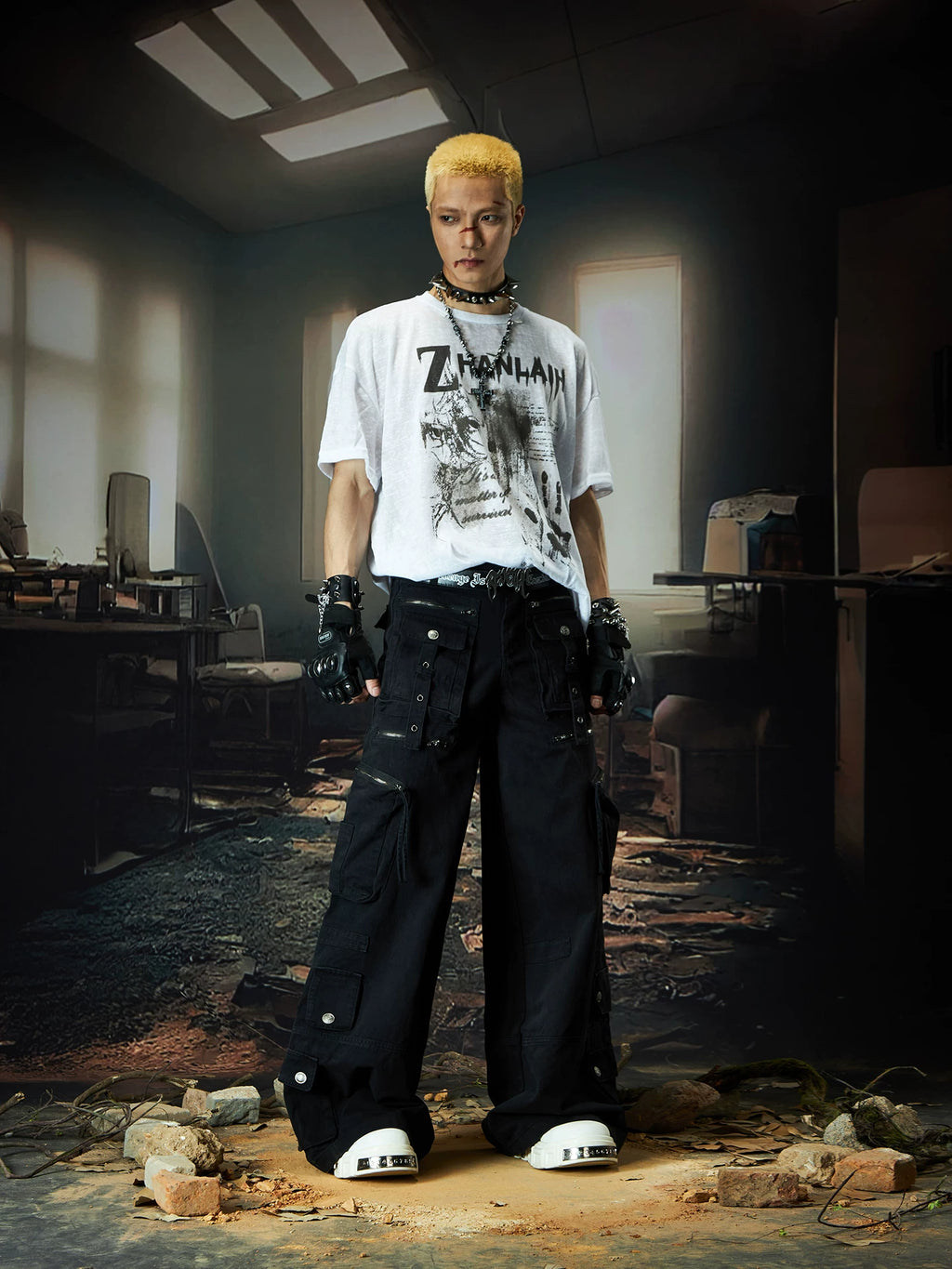 NOMANIAI Multi-pocket Streamer Zipper Splicing Layered Casual Pants