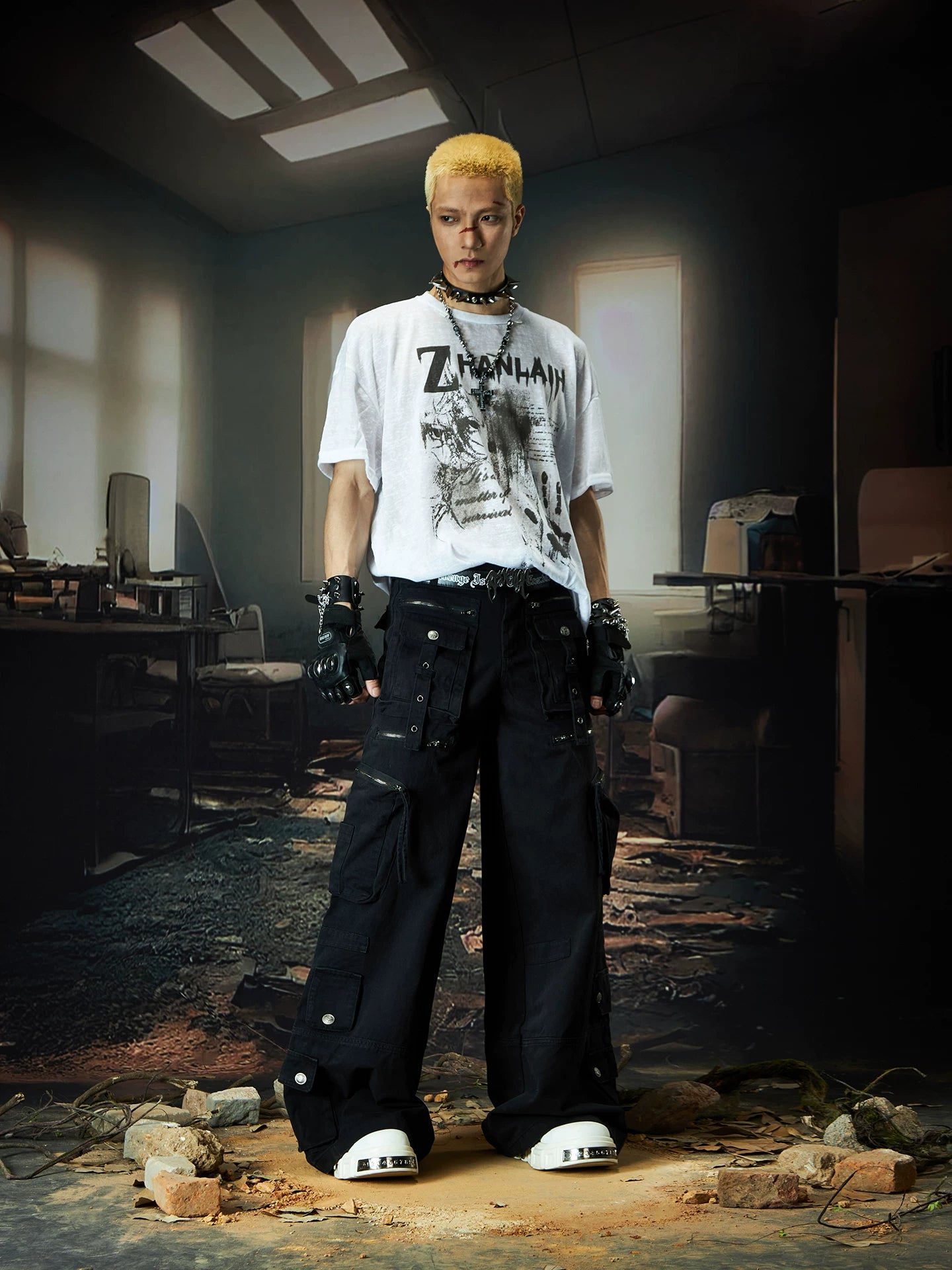 NOMANIAI Multi-pocket Streamer Zipper Splicing Layered Casual Pants