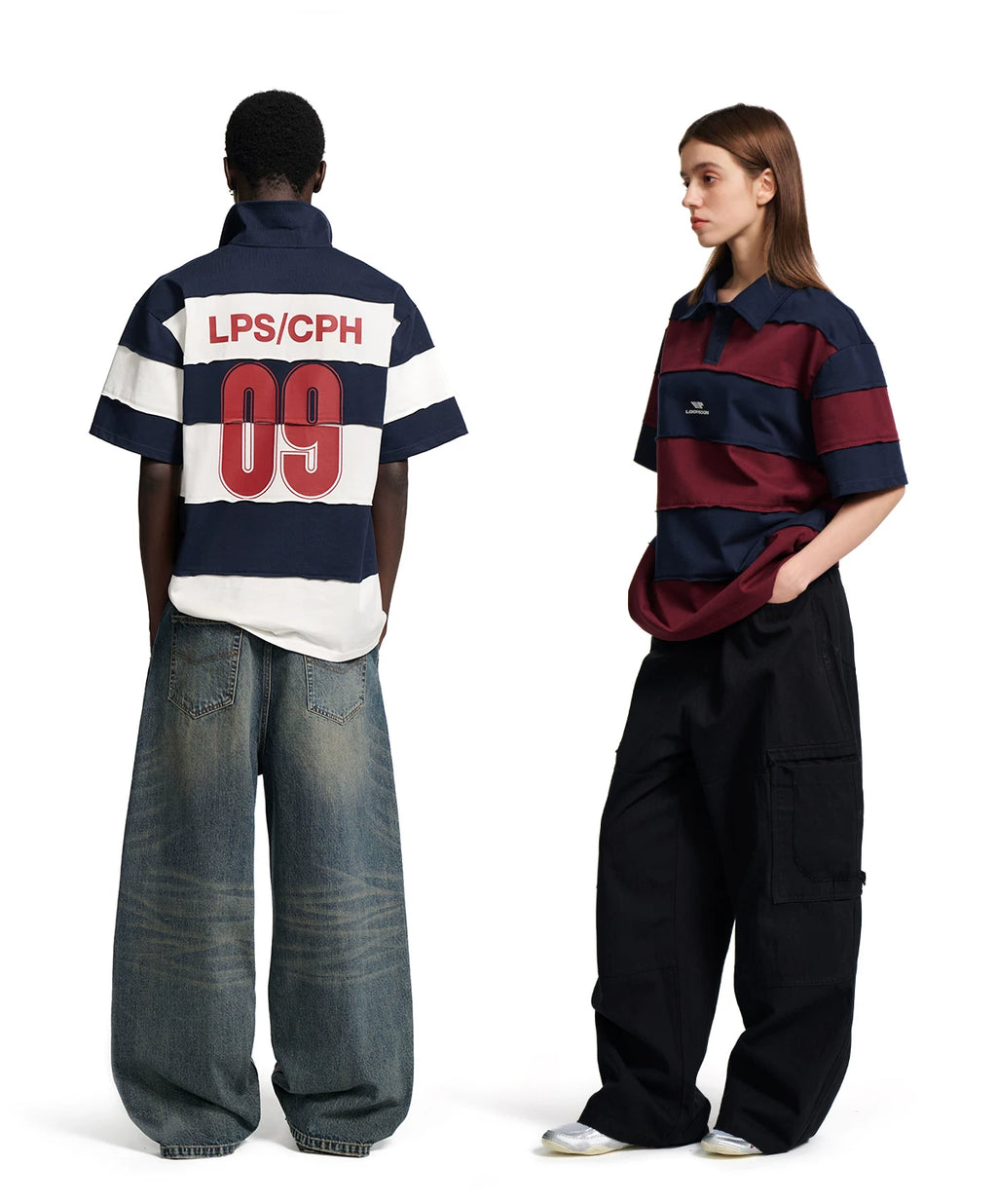 Loopsoon Vintage Contrasting Stripe Stitching Rough Edge Polo Tee