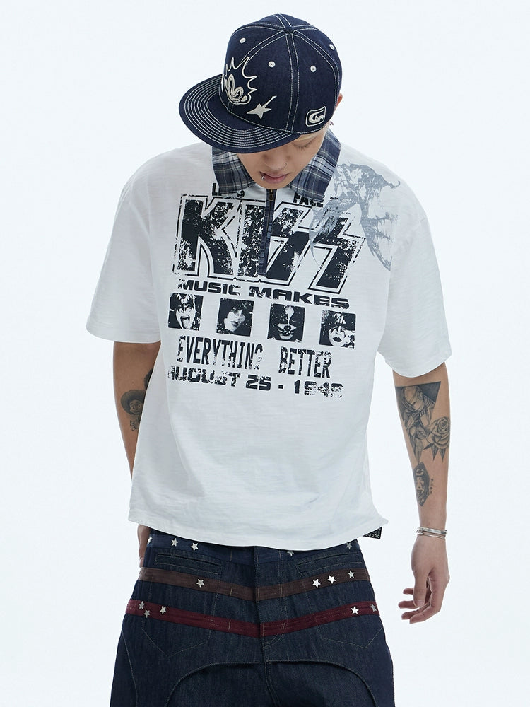 DND4DES Plaid Lapel Polo Shirt Half Zipper Tee
